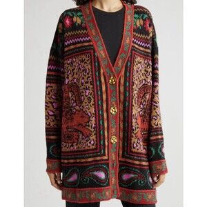 FARM RIO  Tapestry Jacquard Cardigan Size XS Oversized Tropical Tiger Floral